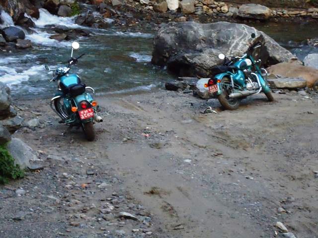 Flooded crossing Mustang road, motorbike route blocked Nepal