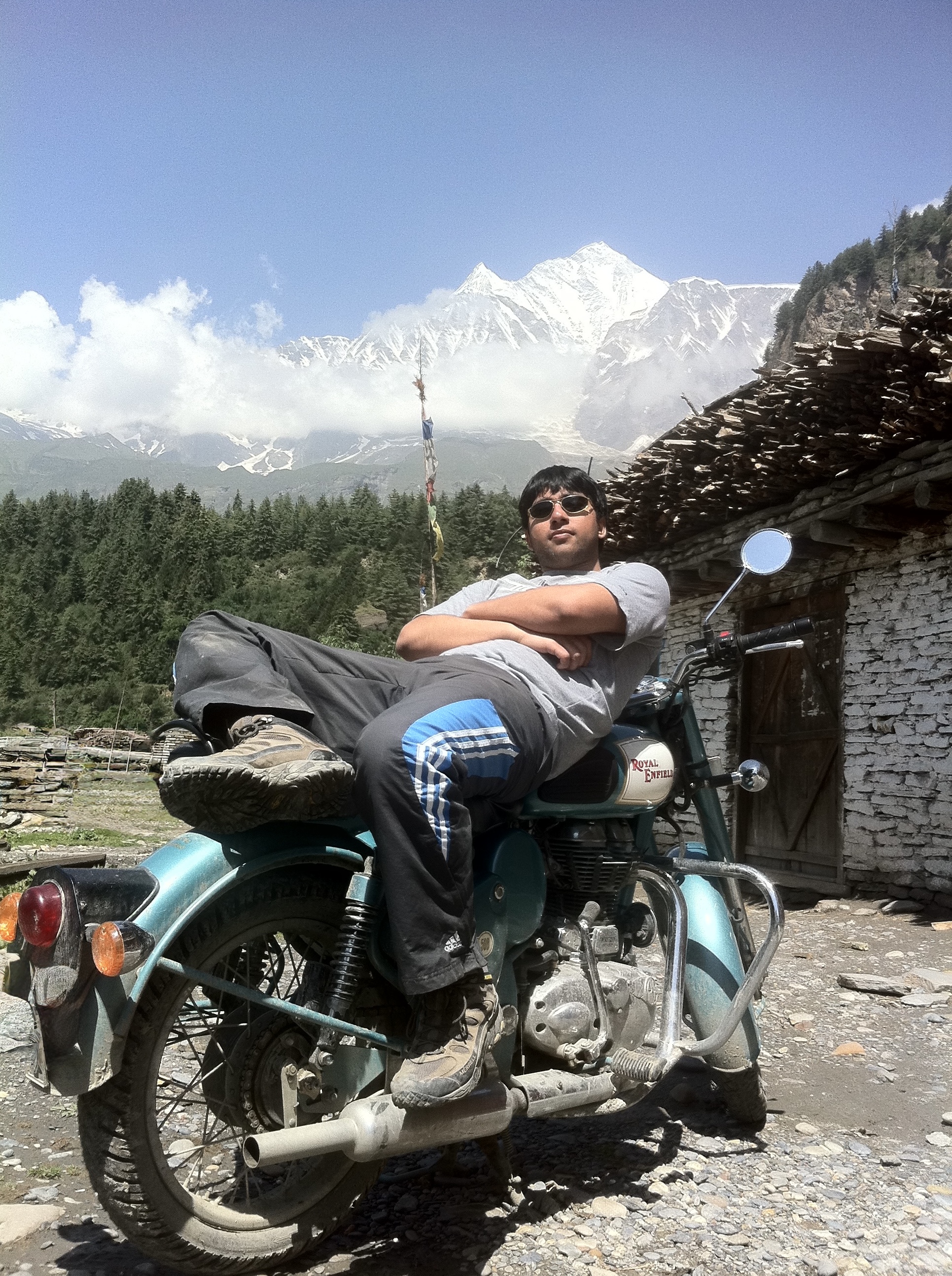 Royal Enfield ride toward Muktinath, with Mount Annapurna in the backdrop