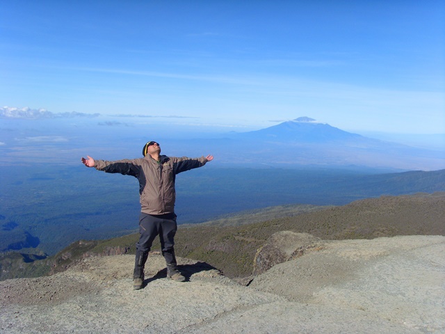 Looking back at Mount Meru from the ridgeline.